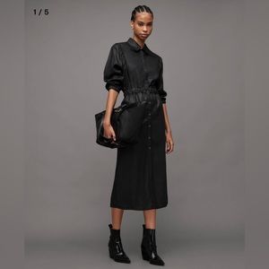 All Saints Osa Coated Denim Midi Shirt Dress, Black, UK 10 US 6 EU 38, NWOT